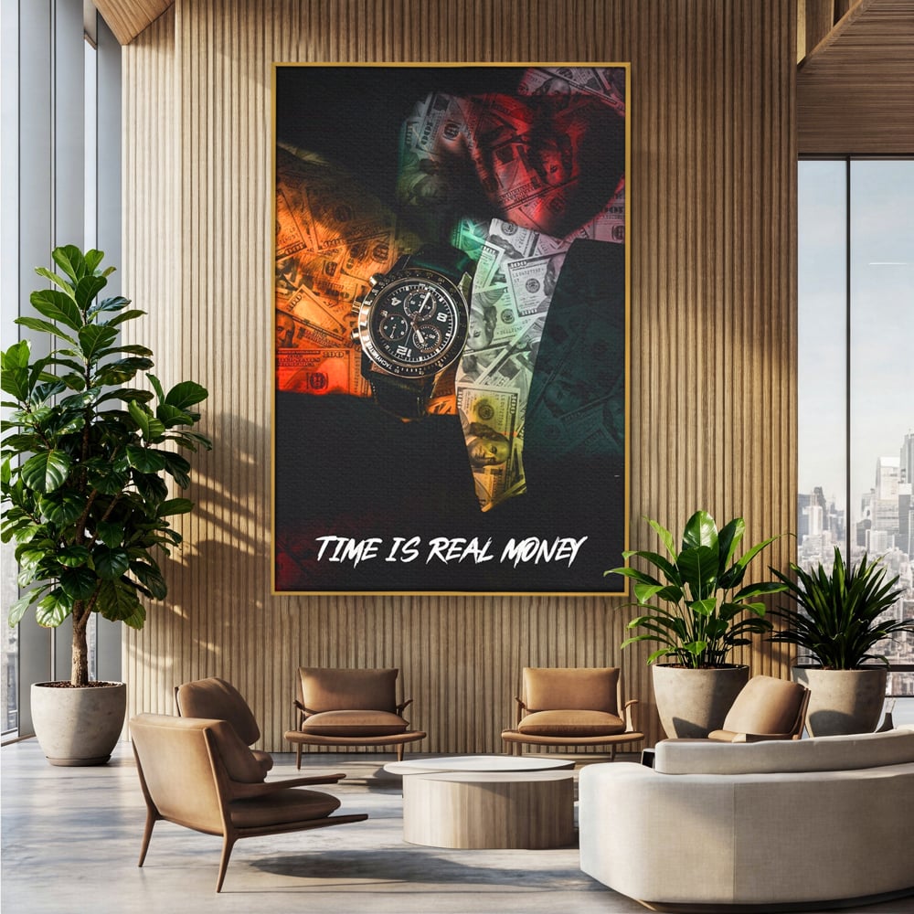 Tablou canvas cu tablou motivational cu ceas si bancnote, in rama de aluminiu auriu, pe perete intr-un birou